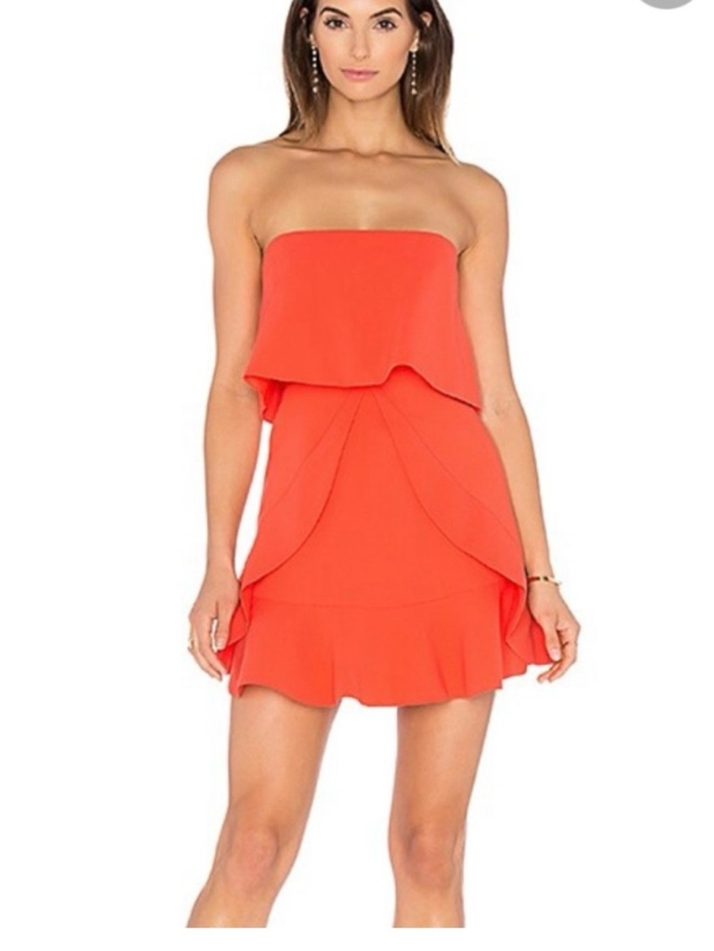 BCBGMaxAzria Strapless Coral Ruffle Mini Dress